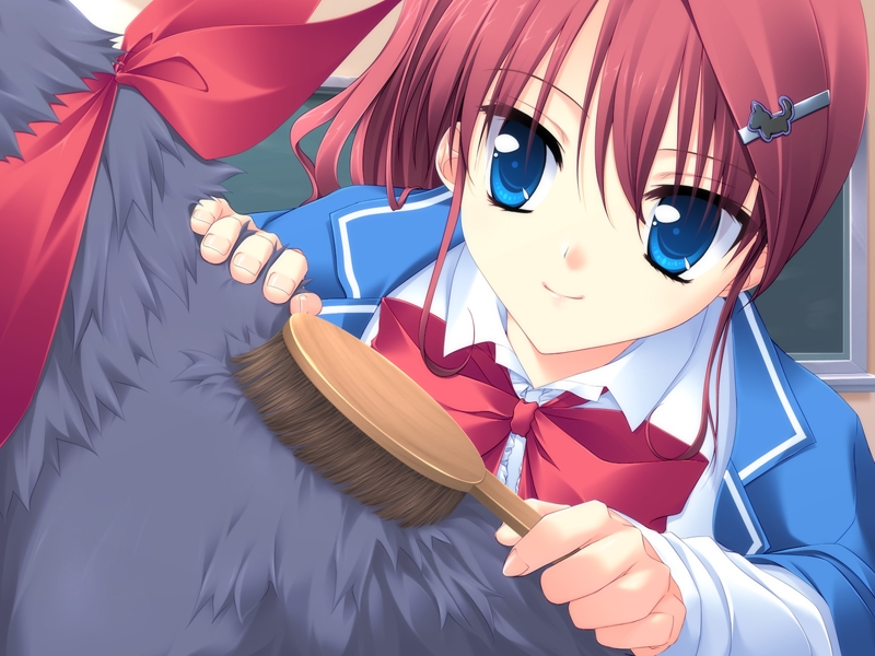 itsumi yuu, fairly life, fur, game cg, 1girl, blue eyes, brushing, dog, female focus, hair brush, hair ornament, hairclip, red hair, school uniform, serafuku, solo
