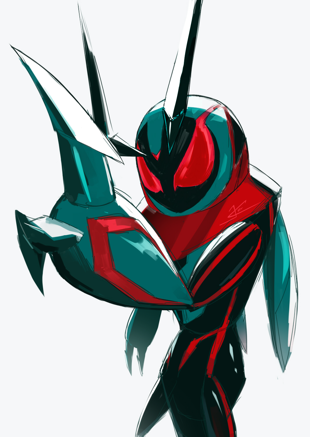 jcstr, kamen rider zeztz, lokix, kamen rider, kamen rider zeztz (series), nintendo, pokemon, highres, alternate color, bug, compound eyes, cowboy shot, horns, pokemon (creature), red eyes, simple background, sketch, solo, white background