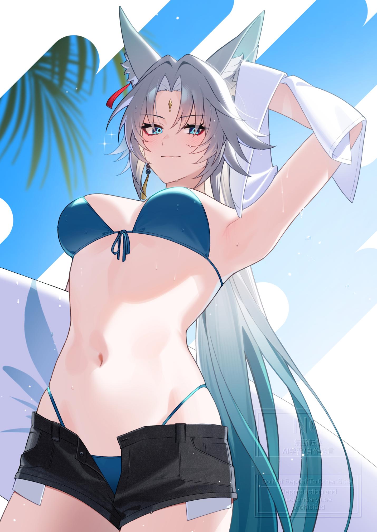 bechu, feixiao (honkai: star rail), honkai: star rail, honkai (series), highres, 1girl, alternate costume, animal ear fluff, animal ears, bikini, eyeliner, forehead jewel, fox ears, fox girl, makeup, navel, open clothes, open fly, open shorts, red eyeliner, shorts, smile, solo, swimsuit