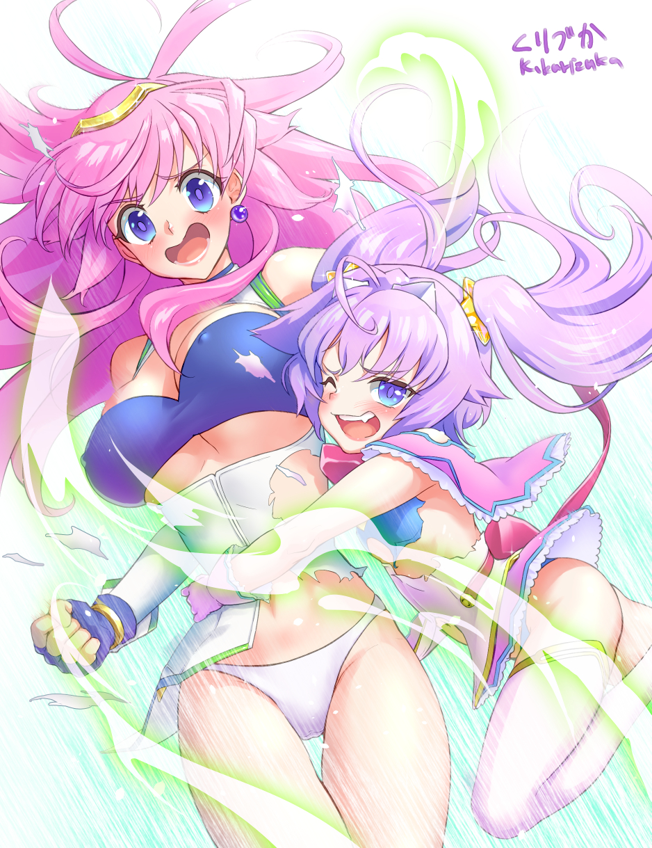 robber-krzk, erin-fray orgel, seira orgel, blood tune, chaos;head, science adventure, shiny lips, highres, 2girls, bandeau, black bandeau, black gloves, black panties, blush, boots, breasts, covered erect nipples, detached sleeves, earrings, embarrassed, fingerless gloves, floating hair, gloves, green trim, jewelry, long hair, magical girl, multiple girls, necktie, no legwear, one eye closed, open mouth, panties, pink hair, power-up, purple eyes, purple hair, red necktie, siblings, sisters, smile, thighhighs, tongue, torn clothes, underwear, white boots, white panties, white sleeves, white thighhighs