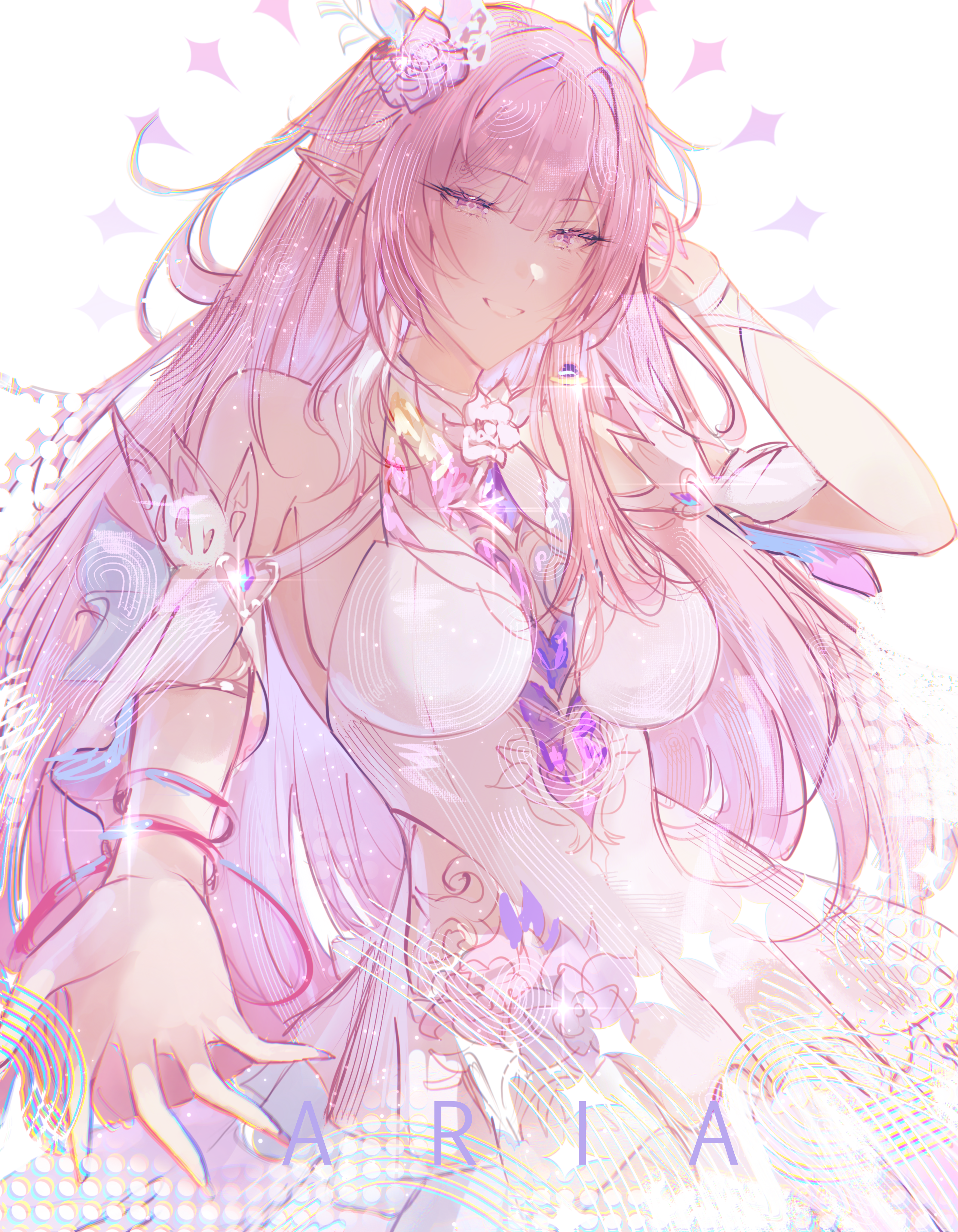 a r i a, cyrene (honkai: star rail), cyrene (ripples of past reverie) (honkai: star rail), honkai: star rail, honkai (series), absurdres, commentary request, highres, 1girl, artist name, bare shoulders, breasts, dress, flower, hair flower, hair ornament, large breasts, long hair, pink hair, pointy ears, purple eyes, reaching, reaching towards viewer, smile, very long hair, white background, white dress