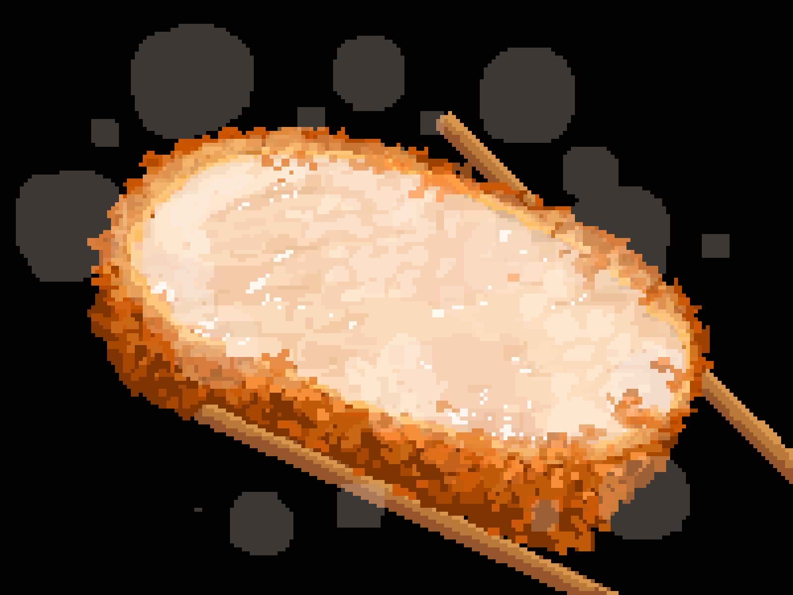 hisachan55cute, original, highres, black background, chopsticks, food focus, fried food, katsu (food), no humans, pixel art, simple background, steaming food