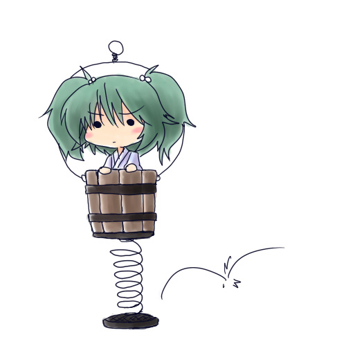 216, springs, kisume, touhou, bad id, bad pixiv id, lowres, 1girl, bucket, chibi, female focus, green hair, in bucket, in container, solo, spring (object), twintails