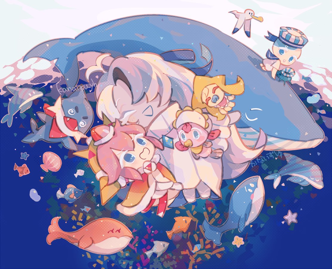kanaizu yh, peppermint cookie, strawberry crepe cookie, cookie run, cookie run: ovenbreak, alt text, commentary, translation request, 1girl, 2others, :d, ^ ^, absurdly long hair, antenna hair, artist name, bird, blue eyes, blue hair, blue hat, blue sailor collar, blue sky, blue whale cookie, brown cloak, cloak, closed eyes, colored skin, coral, day, dolphin, double-parted bangs, dress, fish, full body, fur-trimmed cloak, fur trim, grey hair, grey skin, hair between eyes, hair over one eye, halftone, hat, light particles, long dress, long hair, long sleeves, looking at another, multicolored hair, multiple others, no pupils, ocean, one eye covered, open mouth, outdoors, pacifier, pants, pink hair, red pants, sailor collar, seagull, seashell, shell, shirt, short hair, short sleeves, sidelocks, sitting, sitting on animal, sky, smile, star (symbol), streaked hair, striped hat, turtleneck, turtleneck dress, two-tone hair, v-shaped eyebrows, very long hair, very short hair, whale, white dress, white hair, white hat, white shirt