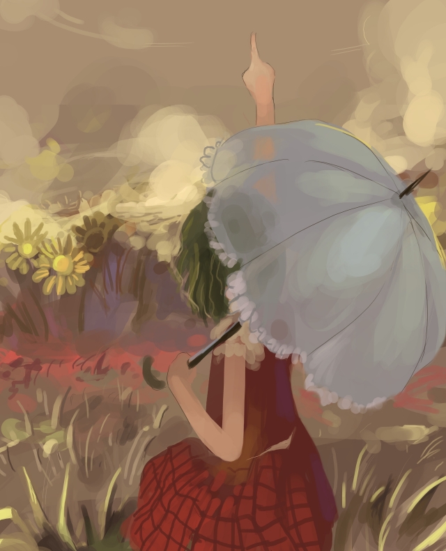 hei (artist), hei (qijuzi), kazami yuuka, touhou, 1girl, back, female focus, flower, from behind, grass, green hair, nature, parasol, plaid clothes, plaid skirt, pointing, pointing up, short hair, skirt, solo, sunflower, umbrella, vest