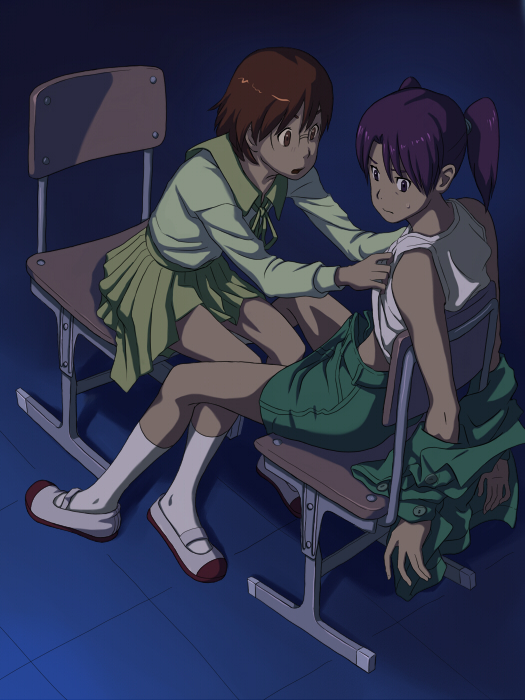 maa-san, maasan, amasawa yuuko, okonogi yuuko, dennou coil, bad id, bad pixiv id, 00s, 2girls, breasts, brown eyes, brown hair, chair, clothes lift, glasses, grabbing another's breast, groping, jacket, looking back, multiple girls, pencil skirt, school uniform, serafuku, shirt lift, short hair, skirt, sweat, tank top, twintails, undressing, unzipped, yuri