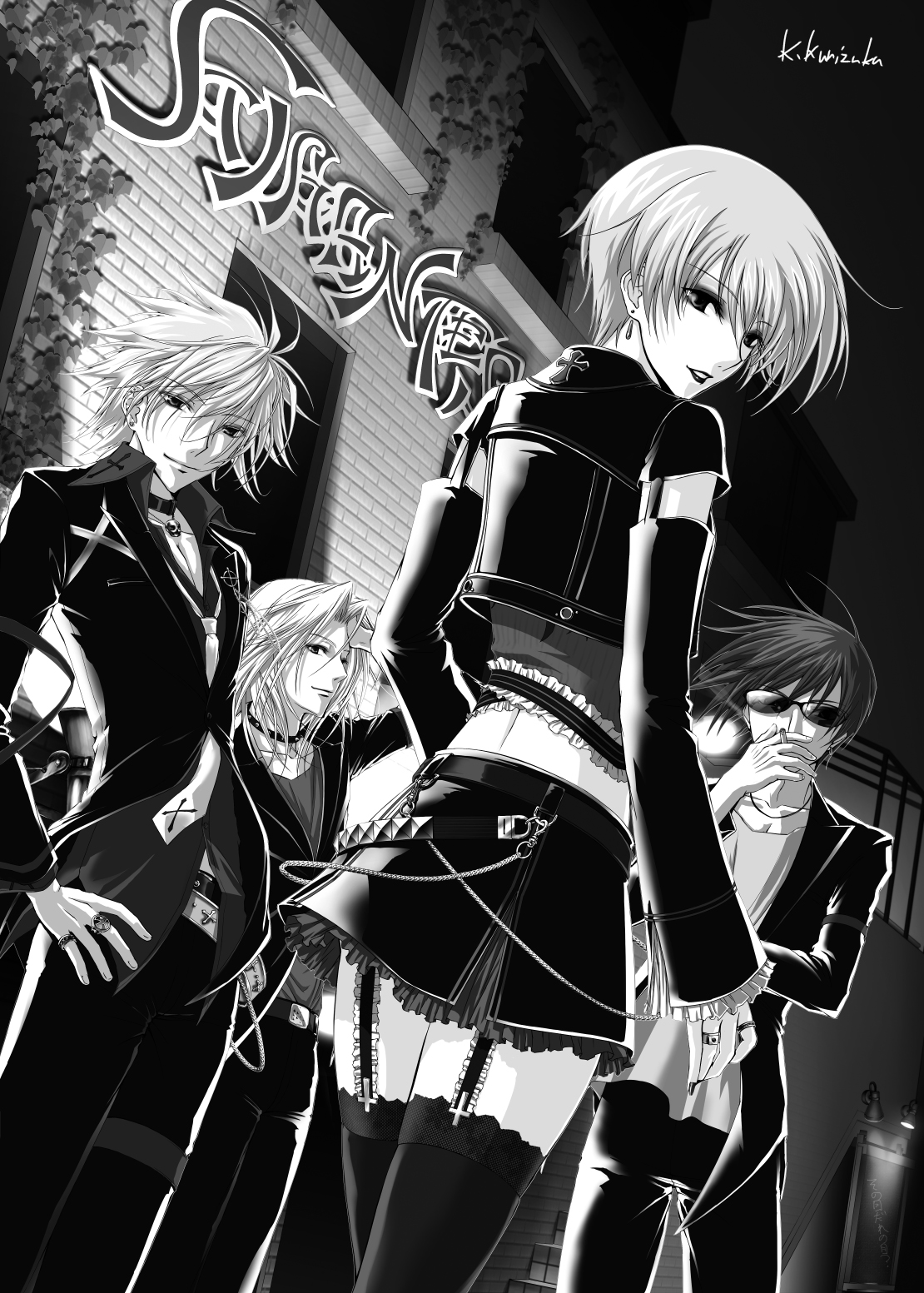 robber-krzk, kishimoto ayase, chaos;head, phantasm, science adventure, highres, 1girl, 3boys, bassist (phantasm), belt, black jacket, black lips, black pants, choker, cross, cross print, drummer (phantasm), dutch angle, earrings, floral print, floral print thighhighs, goth fashion, gothic punk, greyscale, grin, hand on own hip, jacket, jewelry, leather, leather jacket, leather skirt, monochrome, multiple boys, multiple rings, narrowed eyes, necktie, open clothes, open collar, open jacket, pants, pectorals, ring, ryo (chaos;head), shirt, short hair, skirt, smile, smoking, sunglasses, thighs, white necktie, white shirt