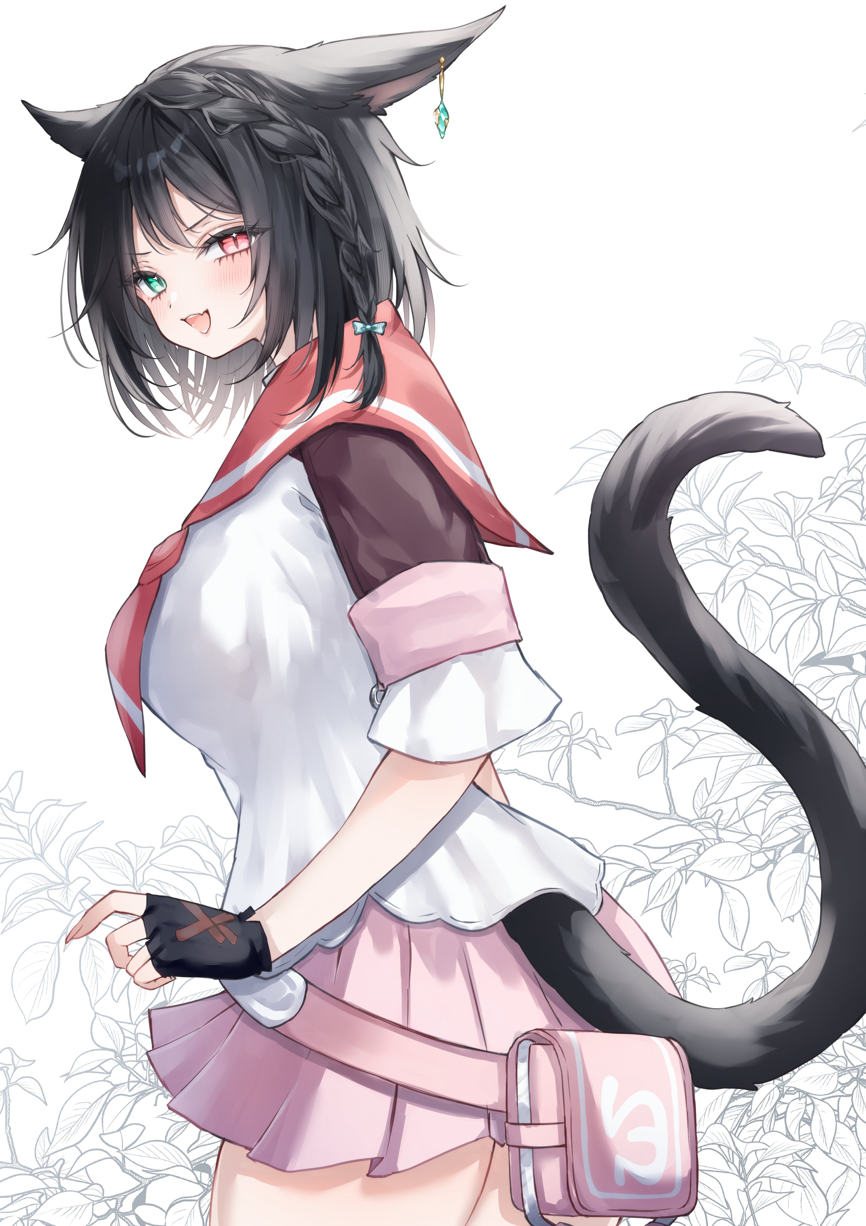 sana (sanamaru 0w0), warrior of light (ff14), final fantasy, final fantasy xiv, absurdres, highres, 1girl, animal ears, bag, black gloves, black hair, bow, braid, cat ears, cat girl, cat tail, earrings, fang, fingerless gloves, gloves, green eyes, hair bow, heterochromia, jewelry, looking at viewer, miqo'te, open mouth, pink skirt, plant, red eyes, sailor collar, sailor shirt, shirt, short hair, single earring, skin fang, skirt, tail, white background