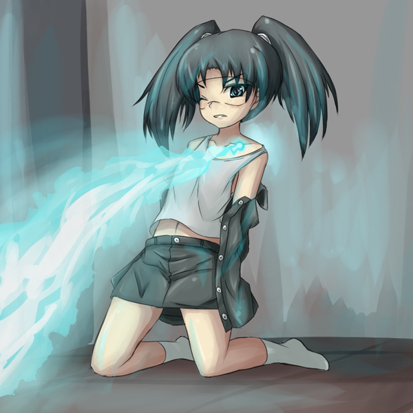 ast exception, fuyutsuki asuto, amasawa yuuko, dennou coil, 00s, 1girl, bare shoulders, blue eyes, brown hair, female focus, glasses, glowing, jacket, kneeling, one eye closed, pencil skirt, skirt, solo, twintails, wink