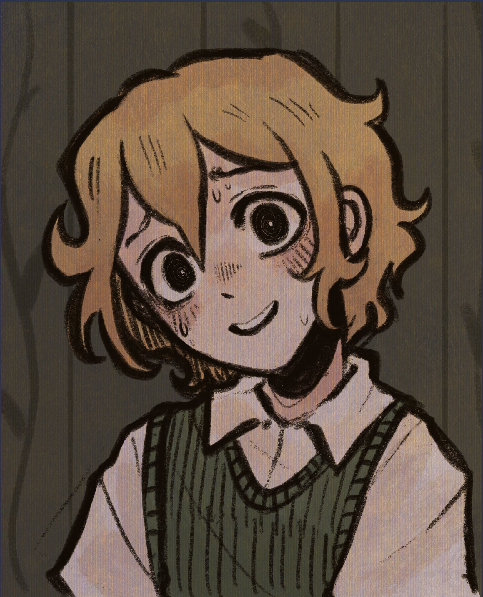 ottie pops, highres, 1boy, alternate eye color, black eyes, blonde hair, bright pupils, collared shirt, double-parted bangs, green sweater vest, hair between eyes, looking at viewer, male focus, nervous smile, nervous sweating, open mouth, shirt, short hair, short sleeves, sidelocks, smile, solo, sweat, sweater vest, teeth, upper body, upper teeth only, white pupils, white shirt
