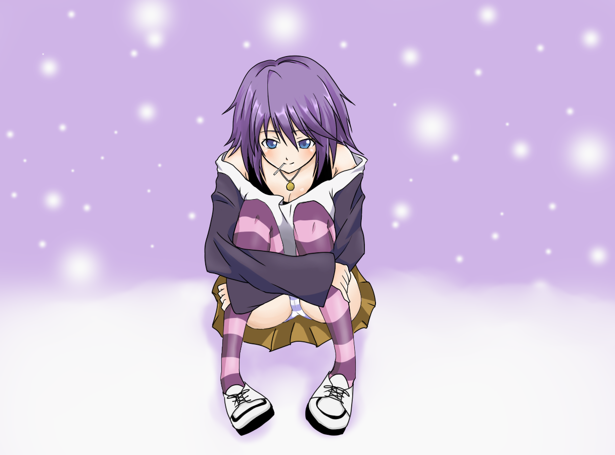 ryokucha, shirayuki mizore, rosario+vampire, 00s, blue eyes, blush, candy, food, jewelry, lollipop, necklace, panties, pantyshot, purple hair, shoes, short hair, sitting, smile, snow, solo, squatting, striped clothes, striped thighhighs, thighhighs, underwear