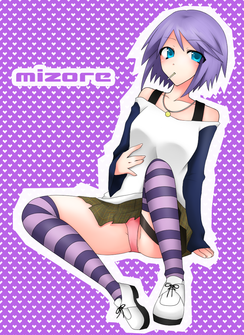 tachikawa kousuke, shirayuki mizore, rosario+vampire, 00s, 1girl, blue eyes, female focus, jewelry, necklace, panties, pantyshot, pink panties, purple hair, shoes, short hair, sitting, skirt, solo, striped clothes, striped thighhighs, thighhighs, underwear