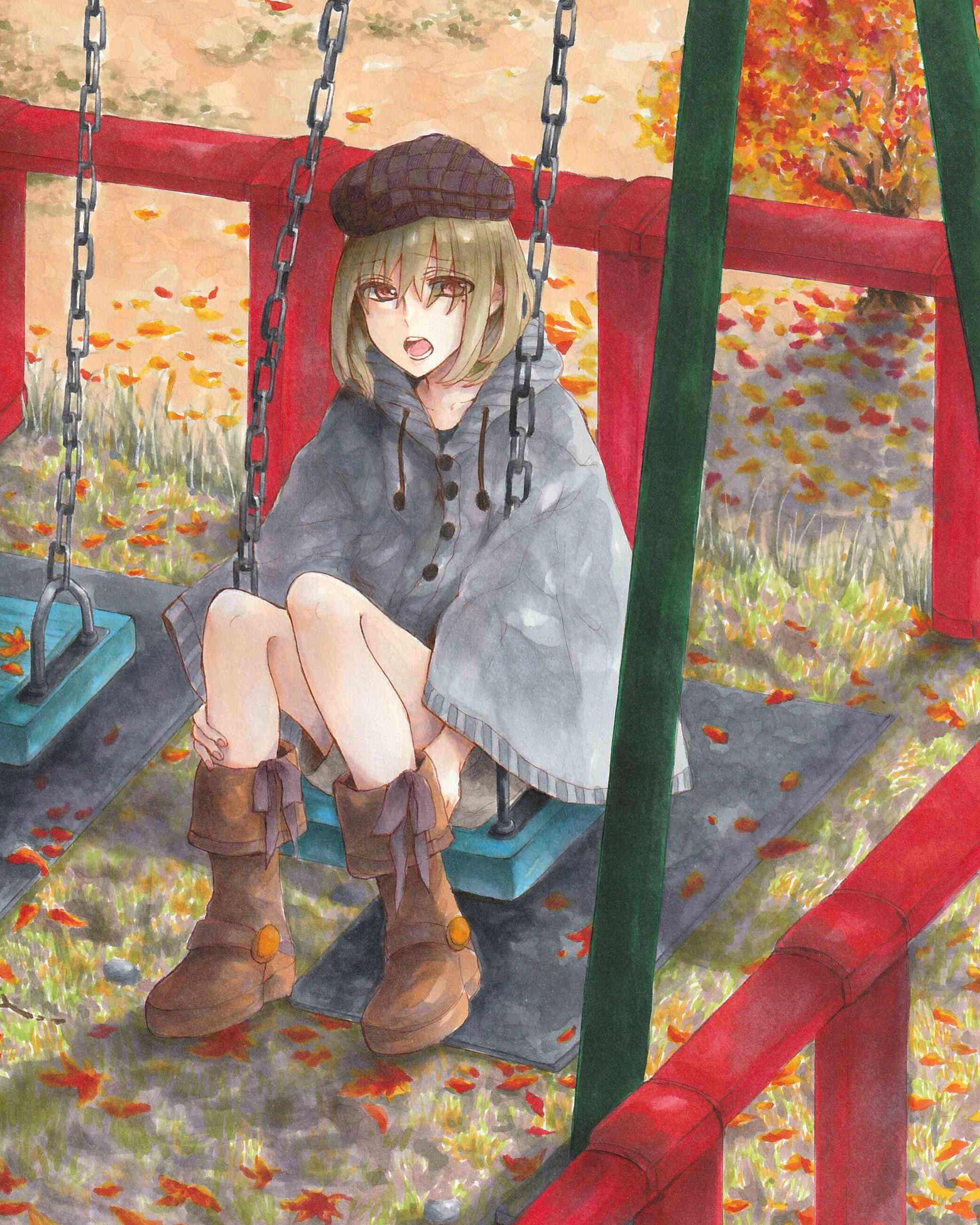 kinako kinako7, original, absurdres, commentary request, highres, marker (medium), traditional media, 1boy, autumn, blonde hair, boots, chain, flat cap, hat, lace, leaf, outdoors, poncho, sitting, solo, swing set, trap