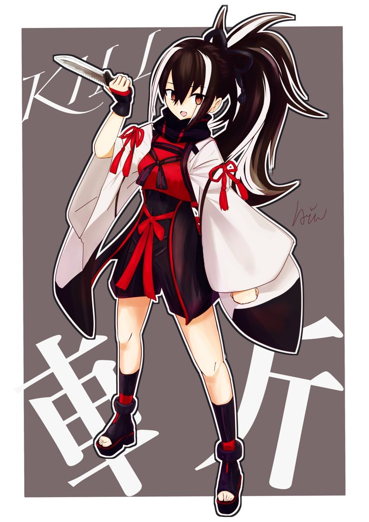 unadonna807, kawakami gensai (fate), fate/grand order, fate (series), 1girl, black eyes, black hair, holding, holding knife, japanese clothes, knife, long hair, looking at viewer, multicolored hair, open mouth, ponytail, scarf, solo, white hair