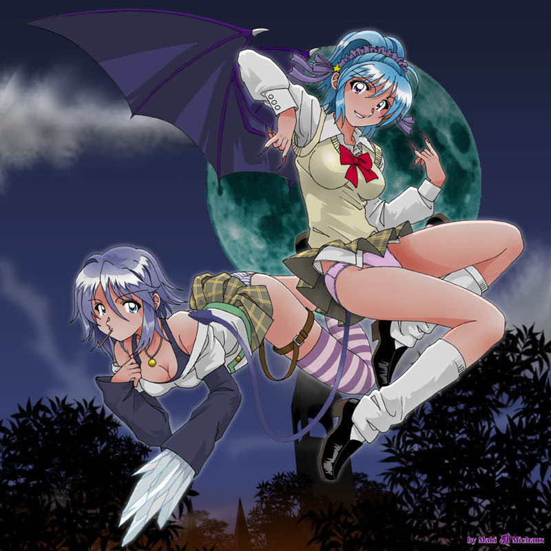 maki michaux, kurono kurumu, shirayuki mizore, rosario+vampire, striped legwear, 00s, 2girls, blue eyes, blue hair, breasts, cleavage, demon girl, fingernails, jewelry, large breasts, legs, medium breasts, moon, multiple girls, nail (hardware), necklace, panties, purple eyes, purple hair, school uniform, serafuku, skirt, socks, striped clothes, striped thighhighs, sweater, tail, thighhighs, underwear, wings