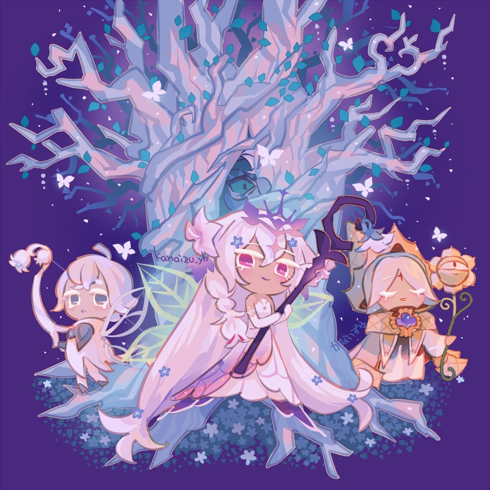 kanaizu yh, pure vanilla cookie, silverbell cookie, white lily cookie, white lily cookie (moonflower faerie), cookie run, cookie run: kingdom, white lily, alt text, commentary, 1girl, 2boys, absurdly long hair, artist name, bare shoulders, blonde hair, blue flower, bow (weapon), braid, bug, butterfly, capelet, closed eyes, closed mouth, double-parted bangs, dress, fairy wings, flower, food-themed hat, full body, gloves, green wings, grey eyes, grey hair, grey wings, hair between eyes, hair flower, hair ornament, hat, holding, holding bow (weapon), holding staff, holding weapon, insect, long hair, long sleeves, looking at viewer, multiple boys, official alternate costume, official alternate hairstyle, parted lips, pink eyes, purple background, robe, short hair, side braid, simple background, single braid, smile, staff, standing, strapless, strapless dress, three-quarter sleeves, tiara, tree, u u, very long hair, weapon, white butterfly, white dress, white flower, white gloves, white robe, wide sleeves, wings, wizard hat, yellow capelet, yellow hat