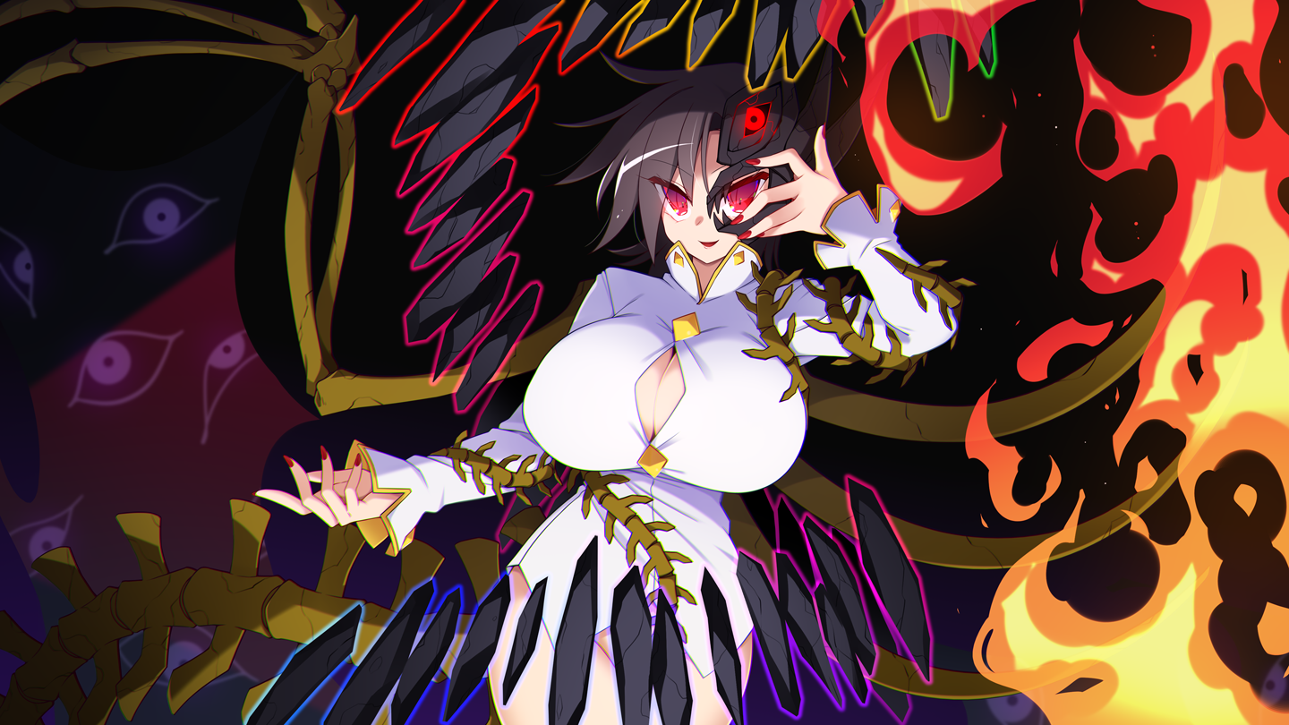 muchin jousha, iwanaga ariya, touhou, asymmetrical wings, black background, bottomless, breasts, button gap, cleavage cutout, clothing cutout, cowboy shot, eye of providence, feathered wings, fire, floating rock, half mask, high collar, huge breasts, large breasts, long sleeves, mask, partially unbuttoned, red eyes, rock, shirt, skeletal wings, spine, white shirt, wings