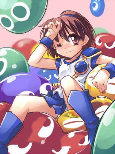 redrantem, tomoshibi hidekazu, arle nadja, puyo (puyopuyo), madou monogatari, puyopuyo, lowres, 1girl, blue skirt, brown eyes, brown hair, female focus, one eye closed, panties, pantyshot, skirt, solo, tears, underwear, wink