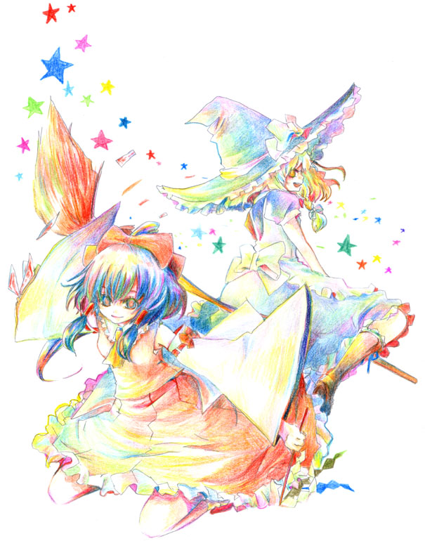 yaka (pixiv), hakurei reimu, kirisame marisa, touhou, bad id, bad pixiv id, inactive account, 2girls, ascot, black dress, blonde hair, bow, broom, broom riding, colorful, detached sleeves, dress, female focus, hair bow, hat, long sleeves, multiple girls, puffy short sleeves, puffy sleeves, red bow, short sleeves, simple background, vest, white background, witch hat