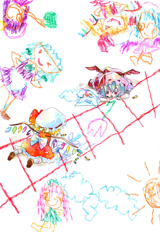 yaka (pixiv), flandre scarlet, remilia scarlet, touhou, bad id, bad pixiv id, inactive account, painting (medium), traditional media, watercolor (medium), 2girls, aged down, colorful, crayon, female focus, multiple girls, siblings, sisters