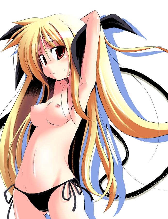 kazekawa nagi, fate testarossa, lyrical nanoha, mahou shoujo lyrical nanoha, mahou shoujo lyrical nanoha strikers, 00s, 1girl, armpits, arms up, black panties, blonde hair, breasts, female focus, hair ribbon, long hair, navel, nipples, panties, ribbon, side-tie panties, solo, topless female, twintails, underwear