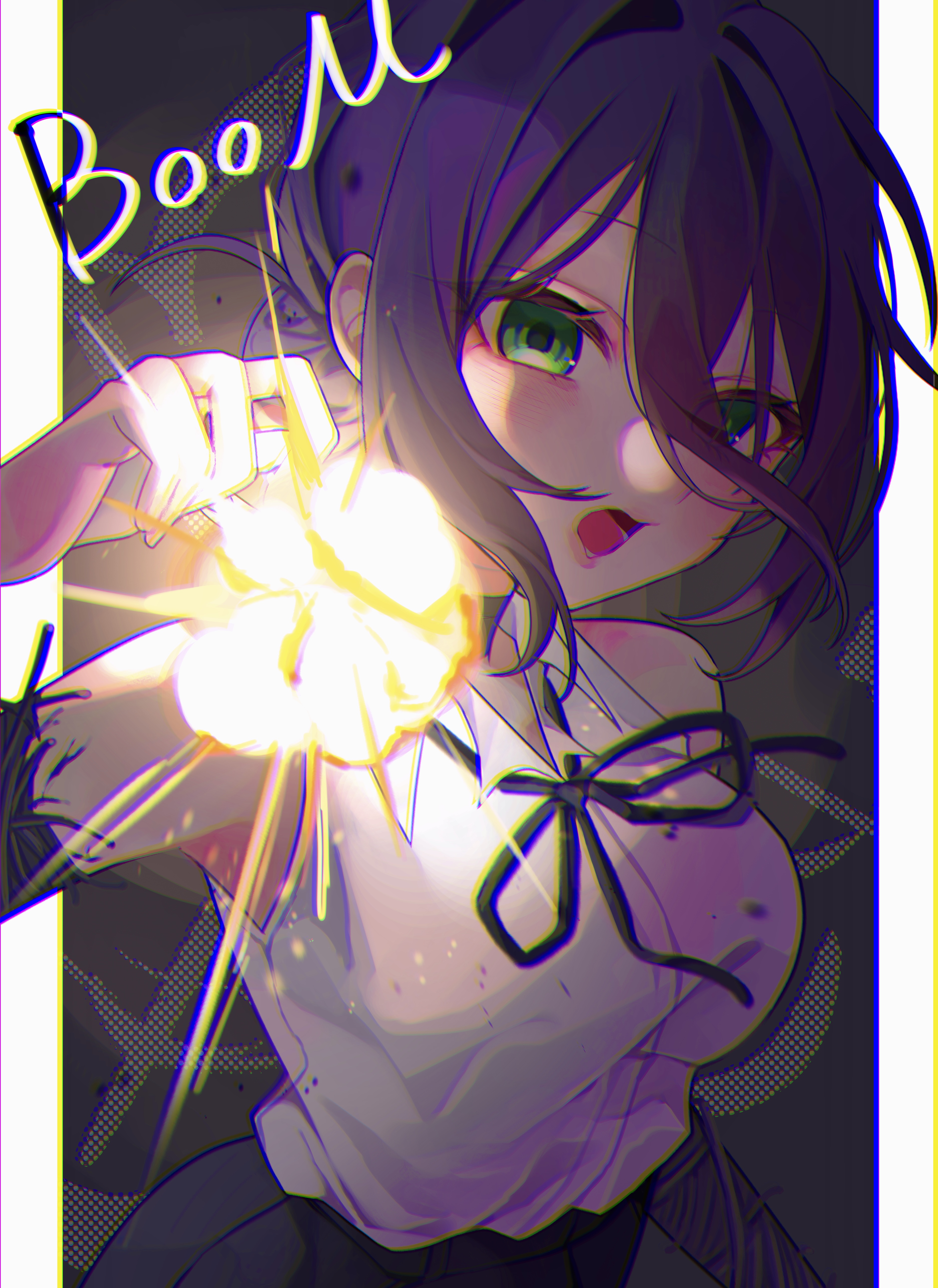 mikan (90926728), reze (chainsaw man), chainsaw man, absurdres, highres, 1girl, black ribbon, breasts, explosion, green eyes, hair between eyes, large breasts, looking at viewer, neck ribbon, open mouth, purple hair, ribbon, shirt, shirt tucked in, sleeveless, sleeveless shirt, solo, white shirt