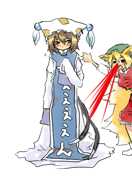aiu, chen, yakumo ran, touhou, bad id, bad pixiv id, 2girls, animal ears, blonde hair, blood, blush, brown hair, cat tail, chen (cosplay), cosplay, costume switch, dress, female focus, fox ears, fox tail, hat, multiple girls, multiple tails, nosebleed, oversized clothes, sketch, tail, white background, yakumo ran (cosplay)