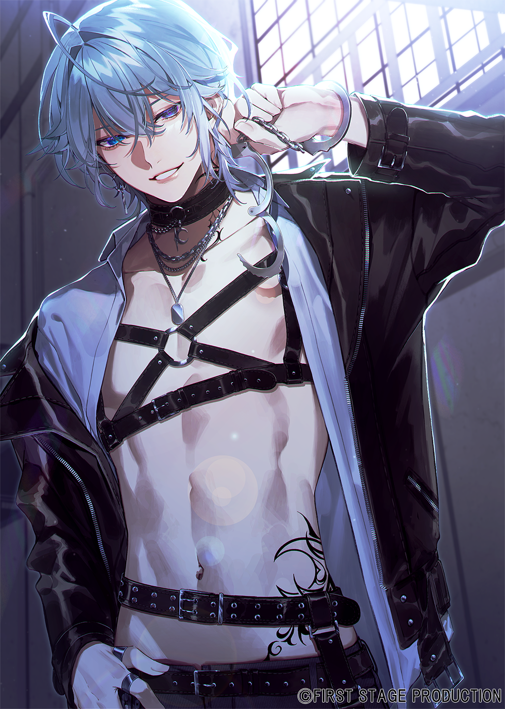 otochi (otc so), first stage production, commentary request, highres, 1boy, abs, belt, belt buckle, bishounen, black jacket, blue eyes, blue hair, buckle, choker, copyright name, cowboy shot, cuffs, handcuffs, holding, holding handcuffs, jacket, jewelry, looking at viewer, male focus, necklace, open clothes, open jacket, open shirt, standing, strap, tsukigami len, upper body, virtual youtuber, window