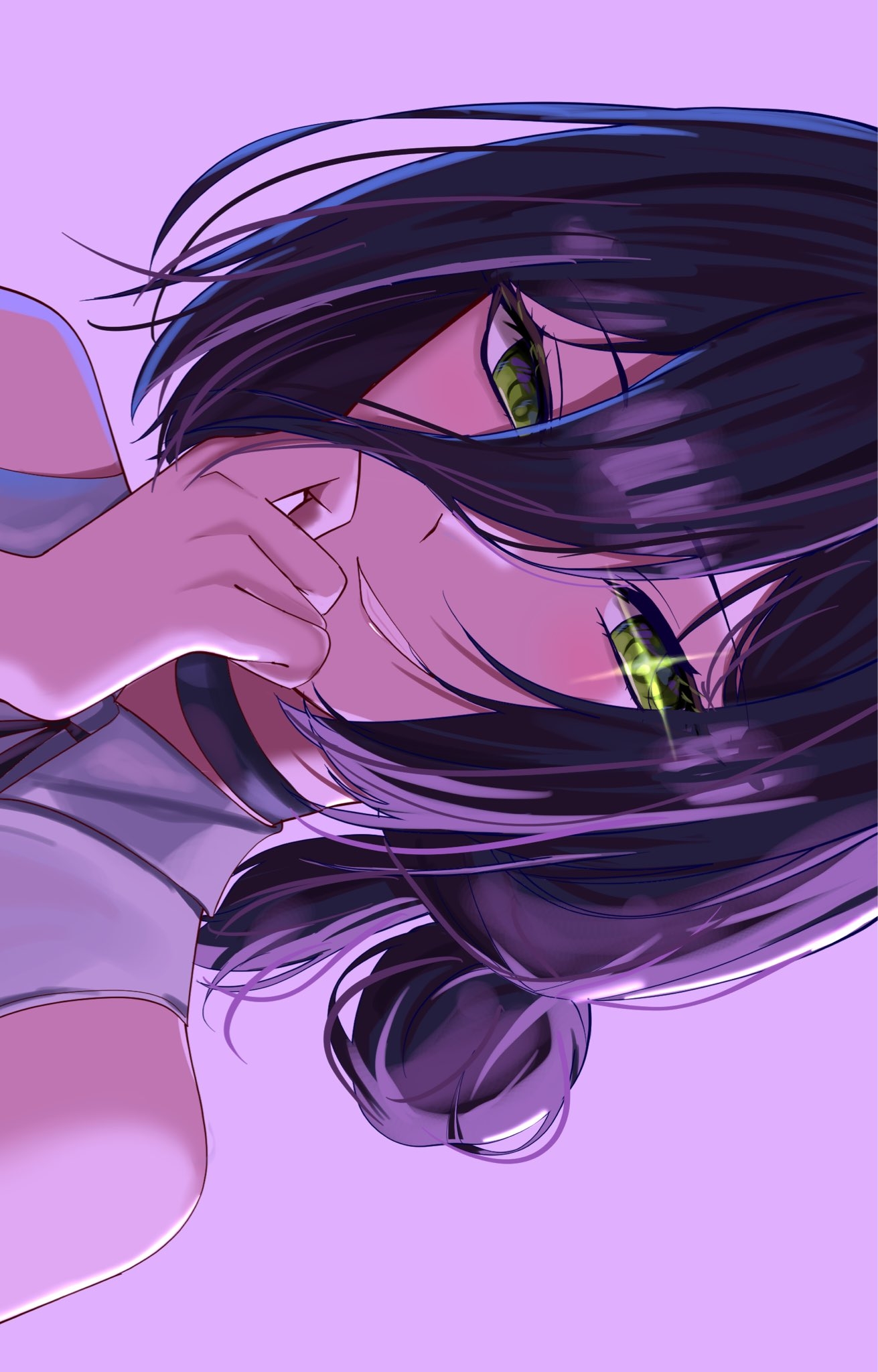 richi 1214, reze (chainsaw man), chainsaw man, commentary request, highres, 1girl, black choker, choker, green eyes, grey shirt, hair between eyes, hair bun, looking at viewer, purple background, purple hair, shirt, sideways, simple background, solo
