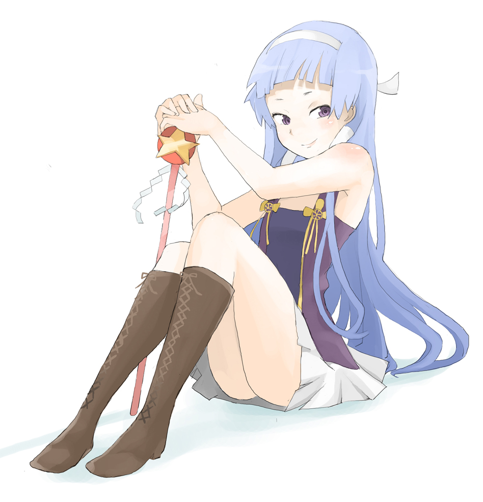 tansuke, nagi, kannagi, 00s, 1girl, blue hair, blunt bangs, boots, female focus, flat chest, hairband, long hair, pleated skirt, purple eyes, sitting, skirt, solo, wand, white skirt