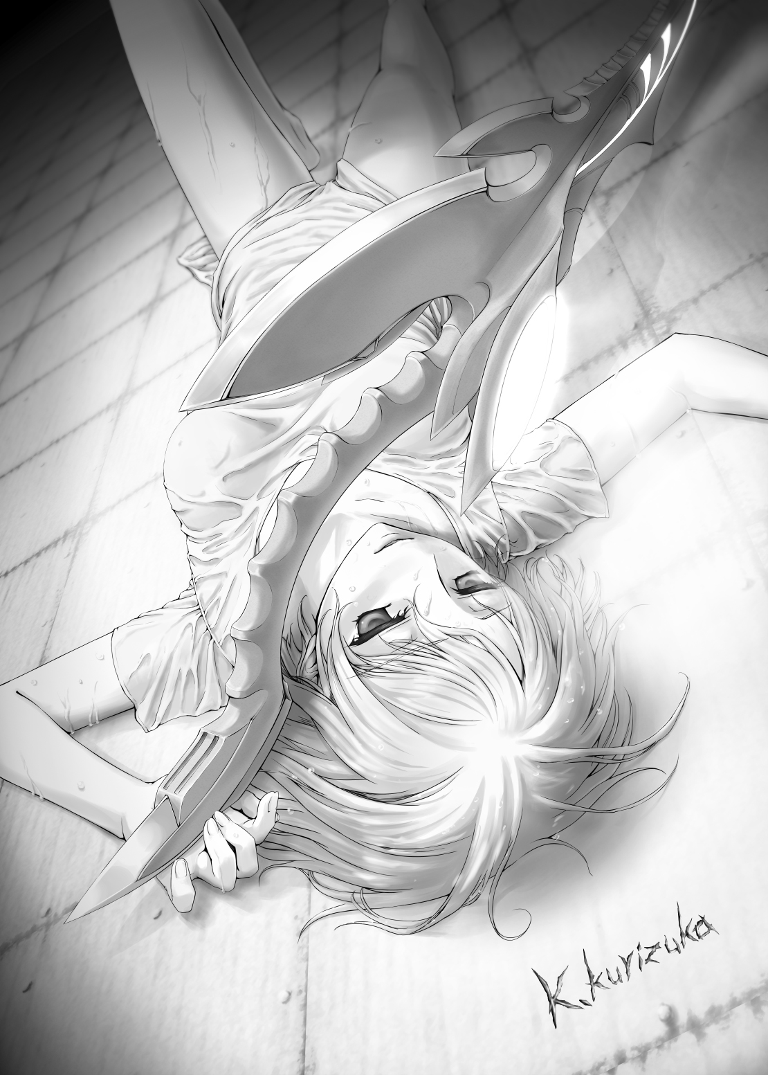 robber-krzk, kishimoto ayase, chaos;head, science adventure, highres, 1girl, aged down, barefoot, breasts, d-sword, dutch angle, fingernails, greyscale, holding, holding sword, holding weapon, hospital gown, huge weapon, indoors, lying, monochrome, on back, open mouth, parted lips, shirt, short hair, short sleeves, signature, small breasts, solo, sword, thighs, tile floor, tiles, upside-down, water drop, weapon, wet, wet clothes