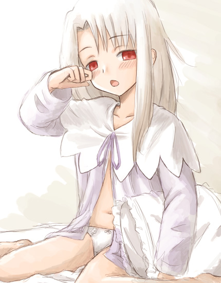 illyasviel von einzbern, fate/hollow ataraxia, fate/stay night, fate (series), 00s, 1girl, barefoot, bed, bottomless, female focus, long hair, no pants, open clothes, open shirt, pajamas, panties, pillow, red eyes, shirt, sketch, sleepy, solo, underwear, white hair, yawning