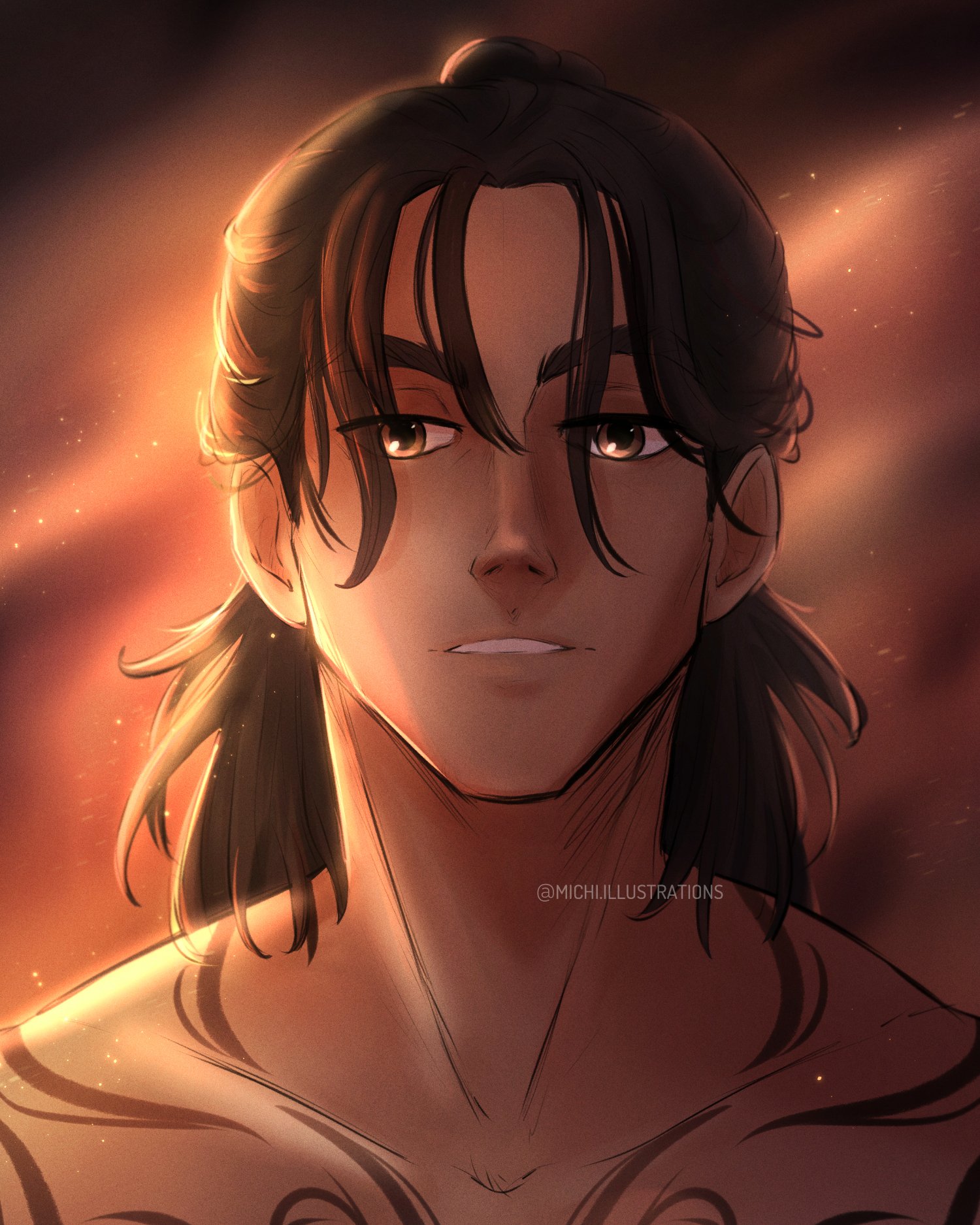 a court of thorns and roses (series), commentary, highres, 1boy, brown eyes, brown hair, cassian (acotar), embers, half updo, male focus, medium hair, michela fiori, parted lips, ponytail, portrait, sidelighting, sidelocks, solo, tattoo, twitter username