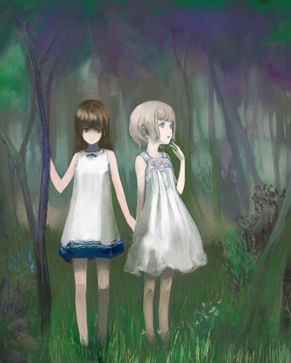 nanan, 2girls, blonde hair, brown hair, dress, forest, holding hands, multiple girls, nature