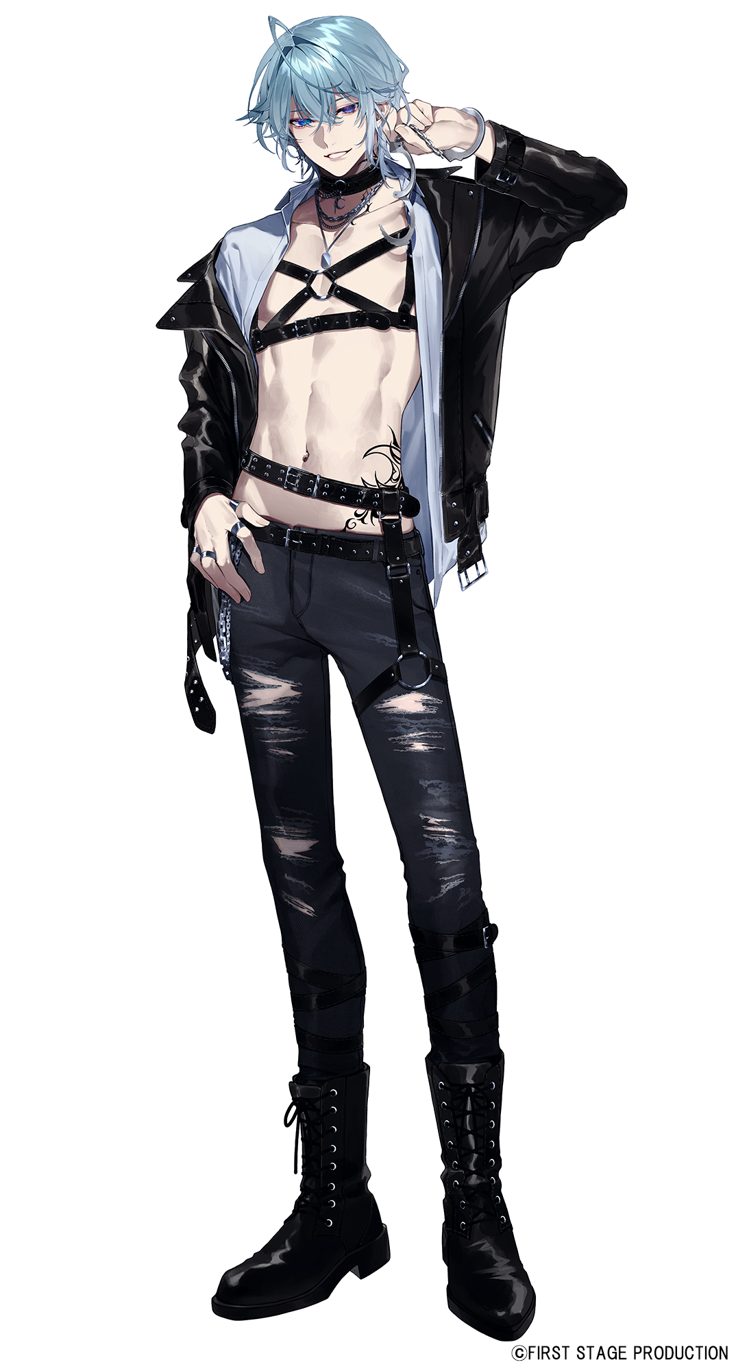 otochi (otc so), first stage production, commentary request, highres, 1boy, abs, belt, belt buckle, bishounen, black boots, black jacket, black pants, blue eyes, blue hair, boots, buckle, choker, copyright name, cowboy shot, cuffs, handcuffs, holding, holding handcuffs, jacket, jewelry, lace-up boots, looking at viewer, male focus, necklace, open clothes, open jacket, open shirt, pants, solo, standing, strap, torn clothes, torn pants, tsukigami len, virtual youtuber, white background