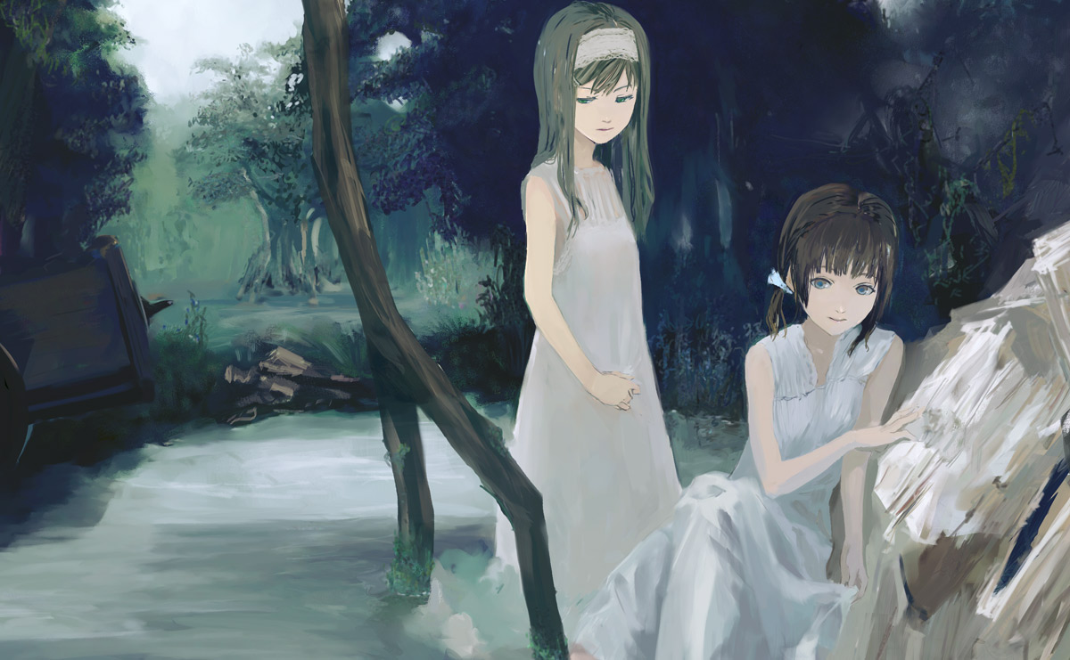 nanan, 2girls, black hair, brown hair, half-closed eyes, multiple girls, nature, standing, wading, water