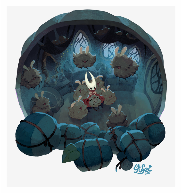 yufei, flea (hollow knight), hornet (hollow knight), hollow knight, hollow knight: silksong, commentary, english commentary, 1girl, :3, arthropod girl, artist name, cloak, fluffy, hollow eyes, horned mask, mask, open mouth, red cloak, sitting, smile, white mask