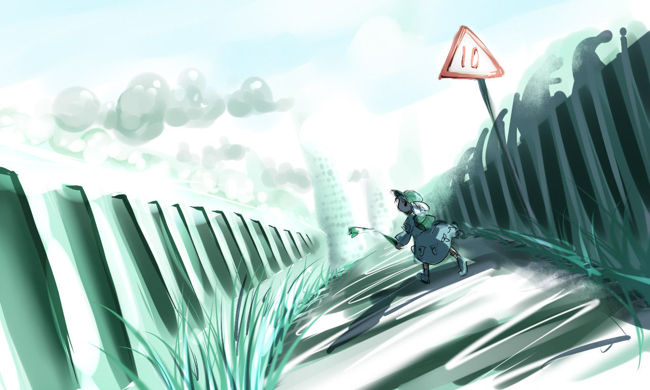 kasuteru, kawashiro nitori, touhou, bad id, bad pixiv id, 1girl, alternate costume, contemporary, female focus, hat, nature, outdoors, plant, road sign, sign, sky, solo