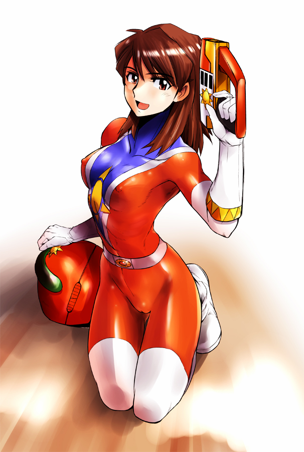ez6, kayoko, sunred, uchida kayoko, tentai senshi sunred, 1girl, arched back, bodysuit, breasts, brown eyes, brown hair, cameltoe, collarbone, cosplay, covered erect nipples, energy gun, female focus, gloves, gun, helmet, kneeling, latex, latex suit, medium breasts, open mouth, ray gun, ribs, single vertical stripe, skin tight, smile, solo, spandex, sunred (cosplay), thigh gap, thighhighs, thighs, tight clothes, weapon