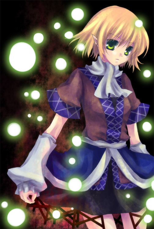 mikazuki sara, mizuhashi parsee, touhou, 1girl, black background, blonde hair, female focus, green eyes, short hair, solo