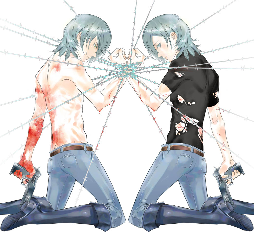 allelujah haptism, hallelujah haptism, gundam, gundam 00, bad id, bad pixiv id, 00s, 2boys, barbed wire, blood, dual persona, gun, male focus, multiple boys, pocket, topless male, weapon