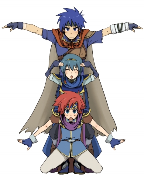ike (fire emblem), marth (fire emblem), roy (fire emblem), fire emblem, fire emblem: mystery of the emblem, fire emblem: path of radiance, fire emblem: the binding blade, nintendo, soul eater, bad id, bad pixiv id, 3boys, :o, ^ ^, blue eyes, blue hair, cape, closed eyes, d:, gloves, headband, male focus, multiple boys, open mouth, parody, red hair, smile, tiara
