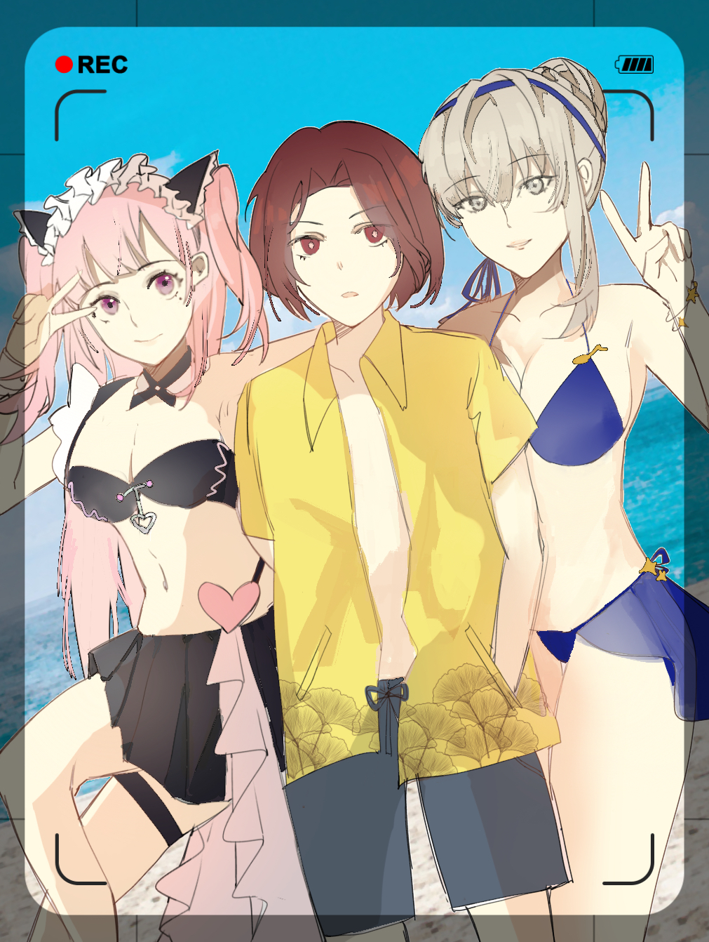 merope (p5x), persona, persona 5, persona 5: the phantom x, tagme, 1boy, 2girls, anthelion, beach, bikini, grey eyes, kamishiro nagisa, male swimwear, multiple girls, navel, open clothes, open shirt, pink eyes, pink hair, red eyes, red hair, swimsuit, white hair