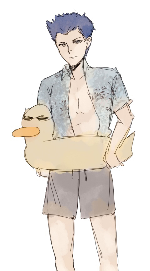 kanou shun, persona, persona 5, persona 5: the phantom x, 1boy, anthelion, blue hair, grey eyes, innertube, male swimwear, open clothes, open shirt, swim ring