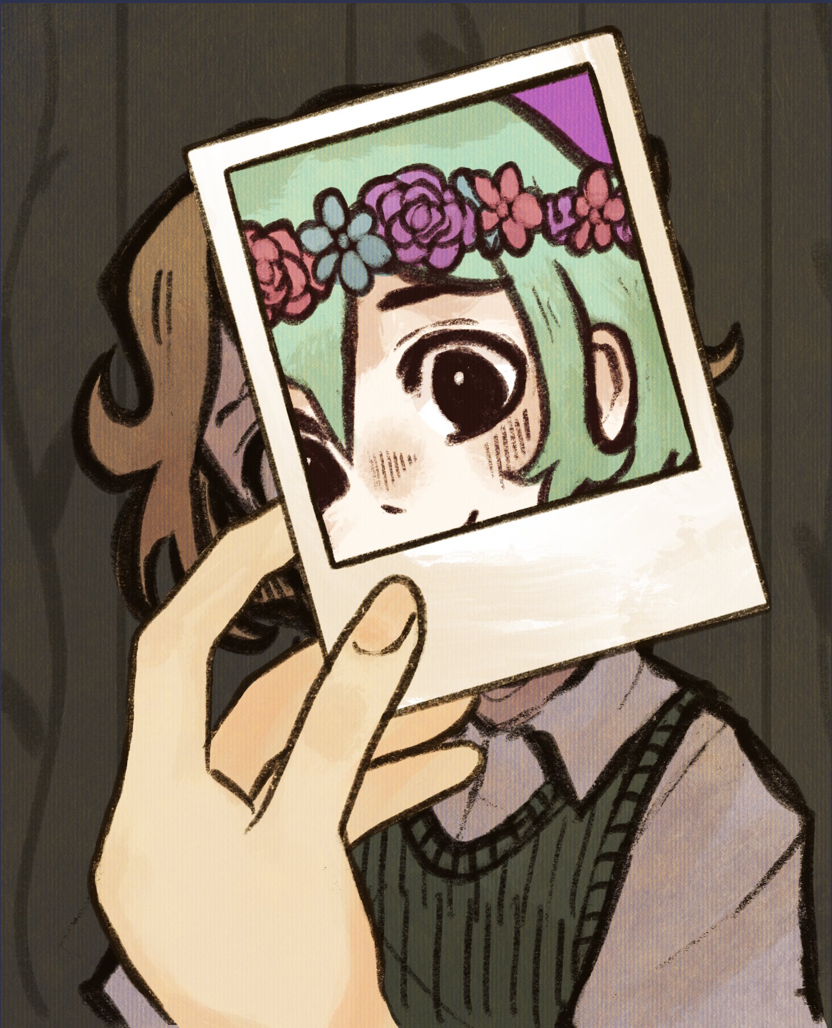 ottie pops, basil (faraway) (omori), basil (headspace) (omori), basil (omori), omori, highres, 1boy, alternate eye color, black eyes, blonde hair, blush, bright pupils, collared shirt, colored skin, double-parted bangs, dual persona, flower, green hair, green sweater vest, hair between eyes, head wreath, holding, holding photo, looking at viewer, male focus, photo (object), shirt, short sleeves, sidelocks, solo, sweater vest, upper body, white pupils, white shirt, white skin