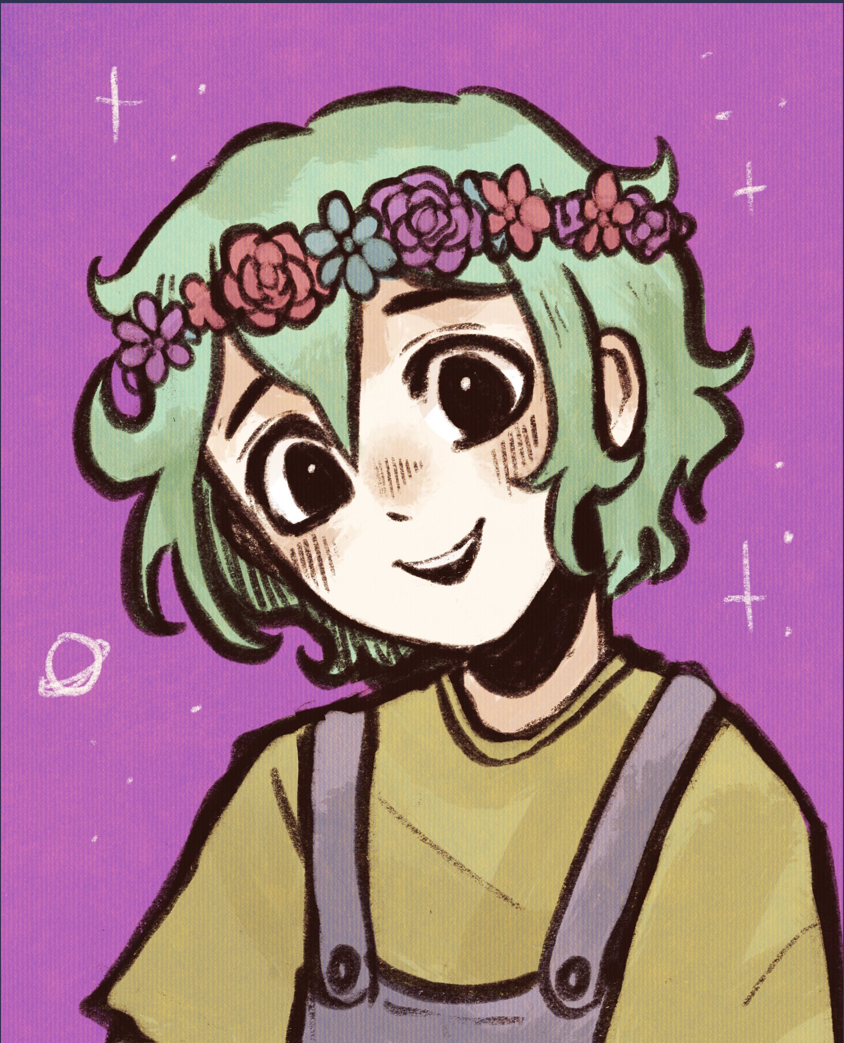 ottie pops, basil (headspace) (omori), basil (omori), omori, highres, 1boy, alternate eye color, black eyes, blue overalls, blush, bright pupils, colored skin, double-parted bangs, flower, green hair, green shirt, hair between eyes, head wreath, looking at viewer, open mouth, overalls, purple sky, shirt, short hair, short sleeves, sidelocks, sky, smile, solo, t-shirt, teeth, upper body, upper teeth only, white pupils, white skin