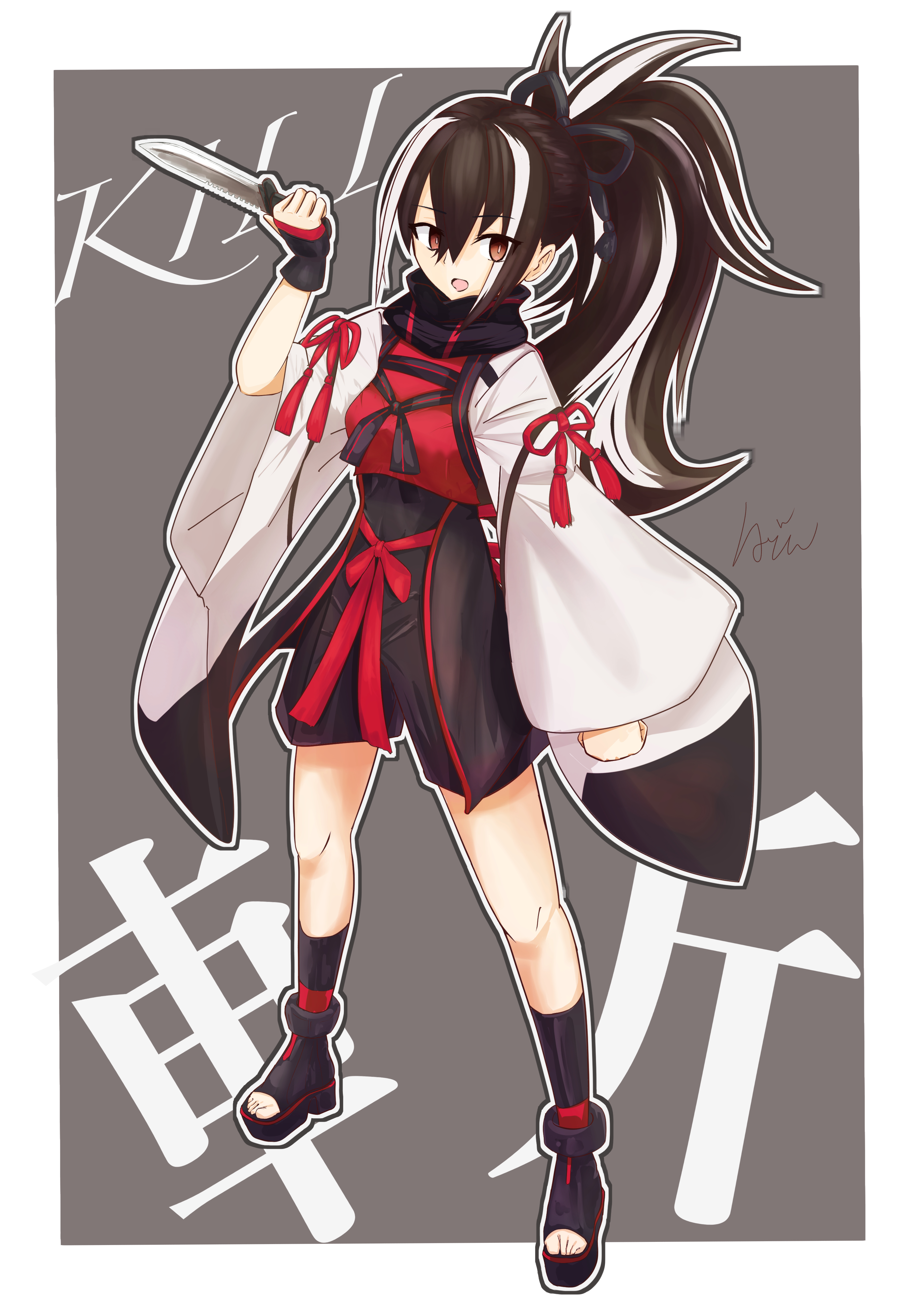 unadonna807, kawakami gensai (fate), fate/grand order, fate (series), absurdres, highres, 1girl, black eyes, black hair, holding, holding knife, japanese clothes, knife, long hair, looking at viewer, multicolored hair, open mouth, ponytail, scarf, solo, white hair