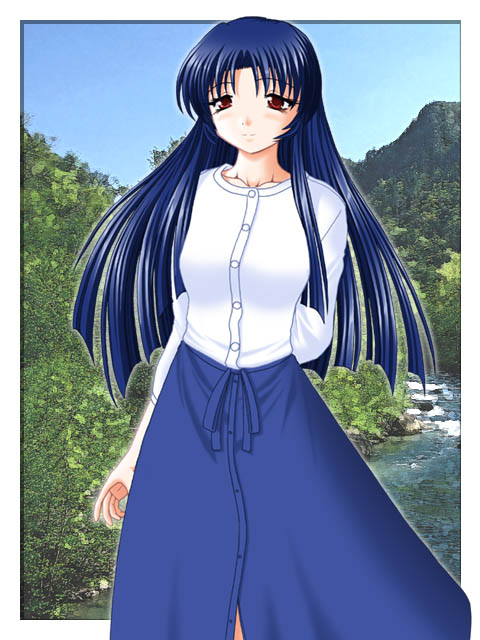 keito (keito-ya), kashiwagi chizuru, kizuato, leaf (studio), archived source, commentary request, 1girl, arm at side, arm behind back, blue hair, blue ribbon, blue skirt, blunt ends, blush, border, breasts, buttons, closed mouth, collarbone, crew neck, dated commentary, dot nose, dress shirt, eyelashes, facing viewer, hair intakes, long hair, long skirt, looking at viewer, medium breasts, partially unbuttoned, photo background, red eyes, ribbon, shirt, skirt, sleeve cuffs, solo, split mouth, standing, straight hair, three-quarter sleeves, white border, white sleeves