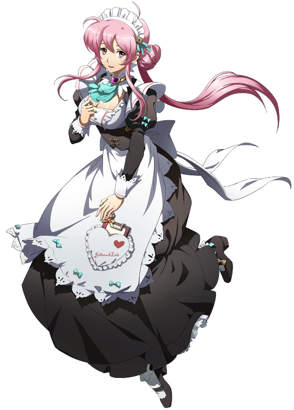 almeda, langrisser, langrisser mobile, official art, third-party source, variant set, 1girl, :d, alternate costume, apron, aqua ascot, aqua ribbon, ascot, black shoes, black skirt, black sleeves, breasts, cleavage, enmaided, floating hair, full body, hair between eyes, hair bun, hair ribbon, lace-trimmed ascot, large breasts, leg up, long hair, long skirt, long sleeves, low ponytail, maid, maid headdress, open mouth, pink eyes, pink hair, ponytail, ribbon, shiny skin, shirt, shoes, sidelocks, single side bun, skirt, smile, socks, solo, steam, tachi-e, transparent background, underbust, very long hair, waist apron, white apron, white shirt, white socks