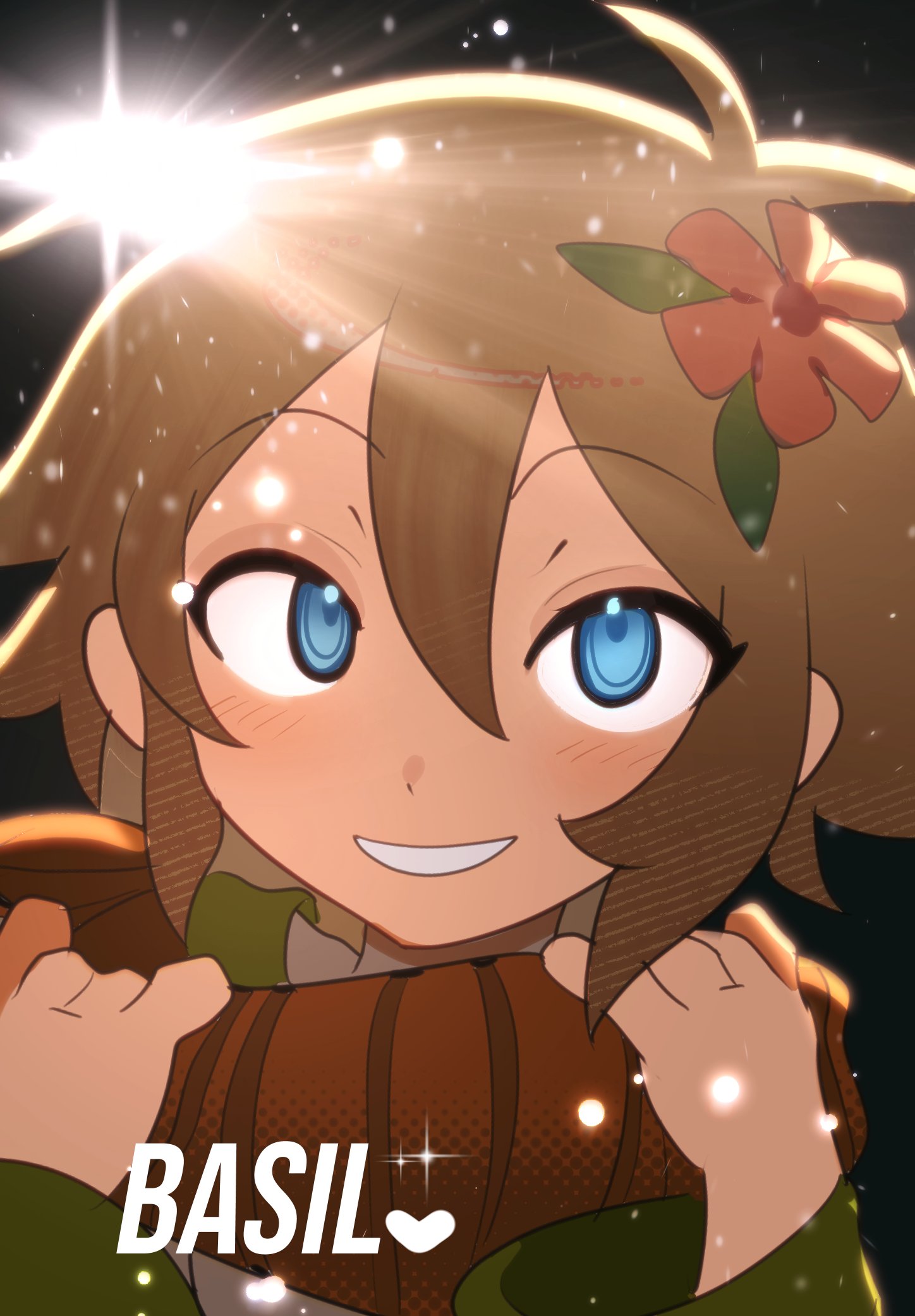 lad chris 143, basil (faraway) (omori), basil (omori), omori, highres, 1boy, alternate costume, blonde hair, blue eyes, blush, character name, coat, double-parted bangs, flower, green coat, hair between eyes, hair flower, hair ornament, long sleeves, looking at viewer, parted lips, red scarf, scarf, short hair, sidelocks, smile, solo, upper body